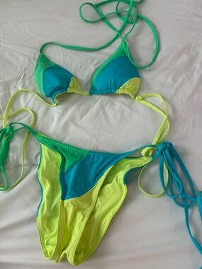 Two-Tone Lime & Teal Triangle Bikini with Adjustable Ties